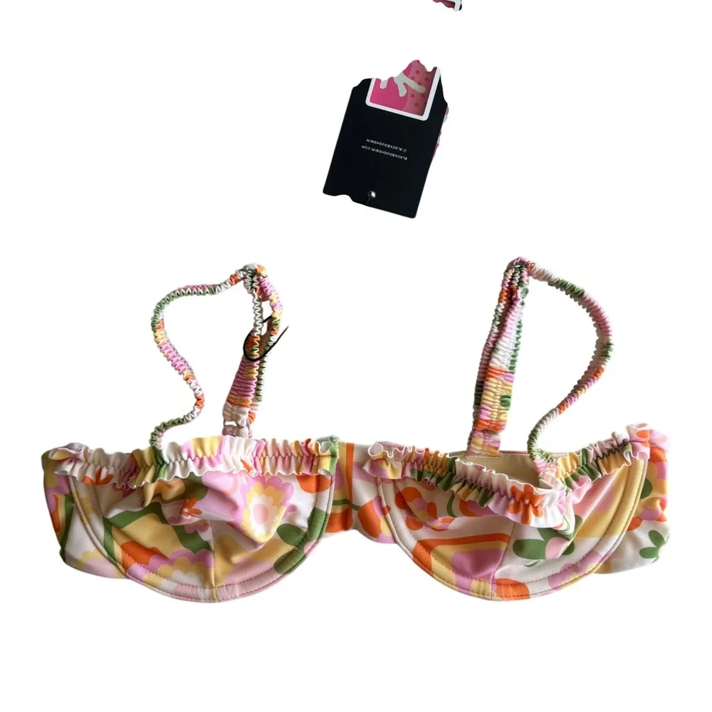 Blackbough Swim Groovy Floral Balconette Bikini Top Ruffle Retro Multi Small